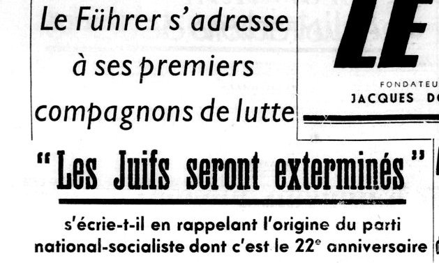 Le Cri du Peuple, 26/02/1941, titre: Hitler s'écrie que les Juifs seront exterminés